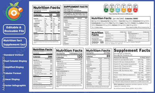 Nutrition Facts, Supplement facts, Nutrition Facts and Supplement Facts Label Set , Editable Food Packaging Vector, suitable for food packaging, dietary supplements, and health products