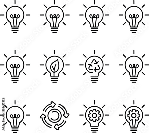 Light bulb icon, filament design, eco leaf, recycling symbol, circular arrow, gear technology, innovation idea, sustainability energy, creative solution, efficiency illustration