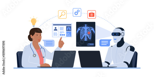 Doctor and AI robot working together and analyzing medical data