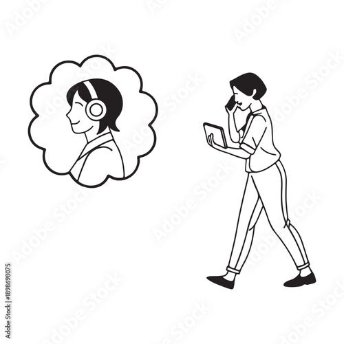 Minimalist Customer Support and Virtual Assistant Illustration: Female Agent with Headset and Mobile Professional
