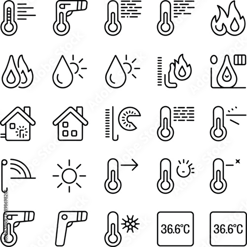 Temperature icon set, thermometer symbol, infrared scanner, heat fire, water droplet, sun weather, house temperature, digital reading, climate measurement illustration