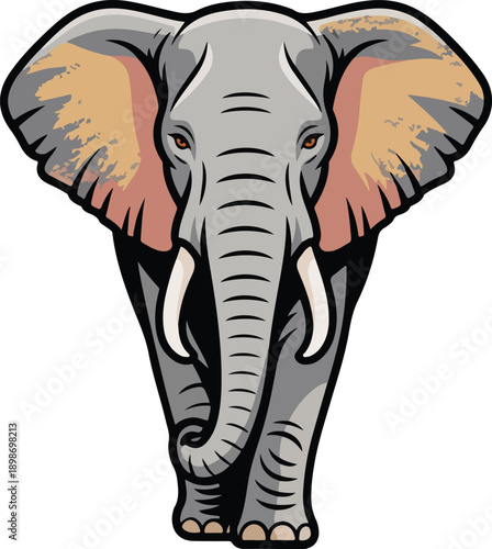 Cute cartoon elephant with big ears and long trunk standing isolated in a simple vector wildlife illustration.