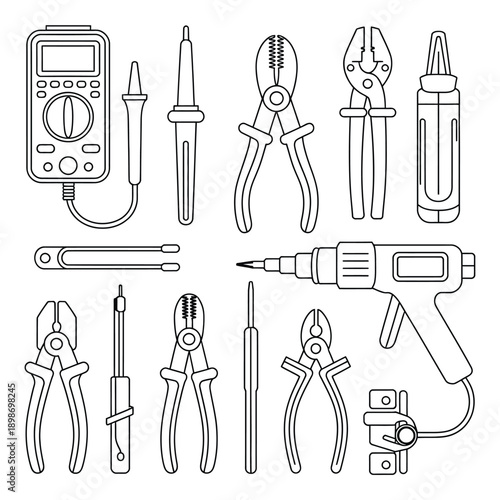 Assorted tools and equipment for various repair and construction tasks isolated on white background, Vector, illustration