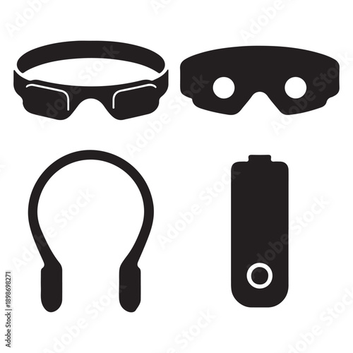 Modern Wearable Technology Icon Set: Smart Glasses, Neckband Headphones, and Portable Gadgets