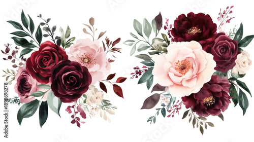 Watercolor floral bouquet set with burgundy and blush roses, peonies, and greenery, isolated on black background; elegant romantic botanical clipart for wedding and invitation design.