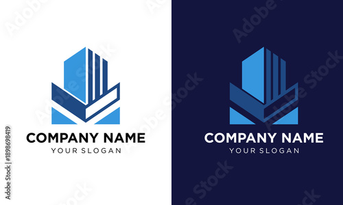 Modern Corporate Identity Logos Featuring Geometric Shapes on White and Dark Blue Backgrounds for Company Branding