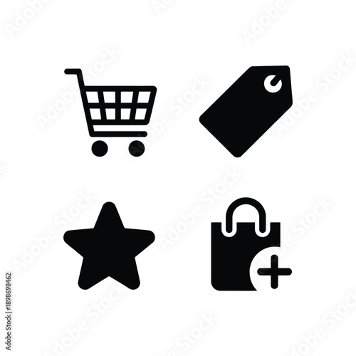 Four icons representing shopping, pricing, favorites, and adding items isolated on white background, Vector, illustration