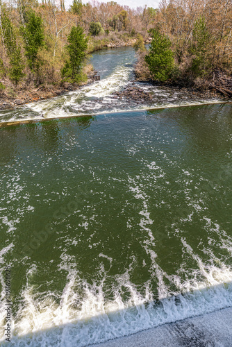 Water flow of the dam of Therapio on the Ardas river, Evros Greece near to the Greek Turkish borders, drought problem during spring or summer period, lack of water