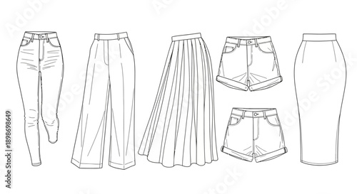 Women fashion bottom wear illustration set featuring skirts and pants in modern apparel design