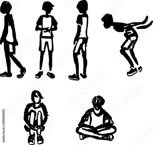 Set of hand drawn teenage silhouettes in different poses