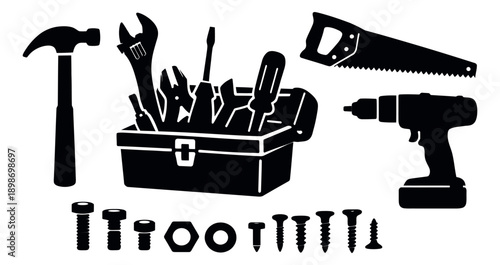 Graphic silhouette tool set featuring a hammer, saw, drill, and toolbox for construction and DIY projects