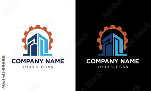 Industrial building logo template on white and black backgrounds showcasing a stylized factory or office building with a gear, symbolizing innovation and industry