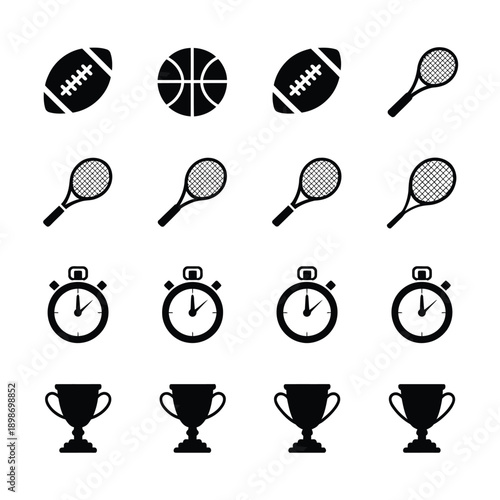 Illustration of various sports icons including balls, rackets, a stopwatch, and trophies isolated on white background, Vector, illustration