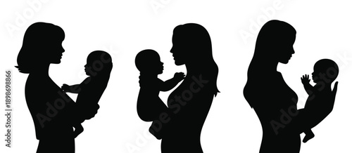 Four silhouettes of women holding babies in different poses isolated on white background, Vector, illustration