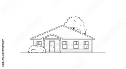 Small residential house illustration with garden representing simple living and home concept