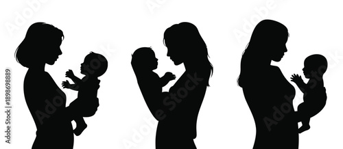 Three women holding babies in a nurturing and supportive pose together isolated on white background, Vector, illustration