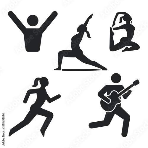 Illustrations of people engaging in various activities including yoga, running, and playing guitar isolated on white background, Vector, illustration