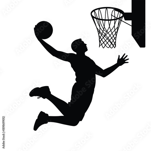 Dynamic basketball player executing a mid-air dunk with intense focus and athleticism isolated on white background, Vector, illustration