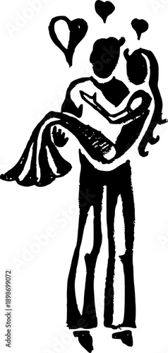 Man carrying woman in his arms with hearts vector art Romantic hand drawn sketch of a couple in love