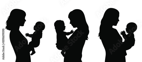 Four silhouettes of women holding babies in a nurturing embrace isolated on white background, Vector, illustration