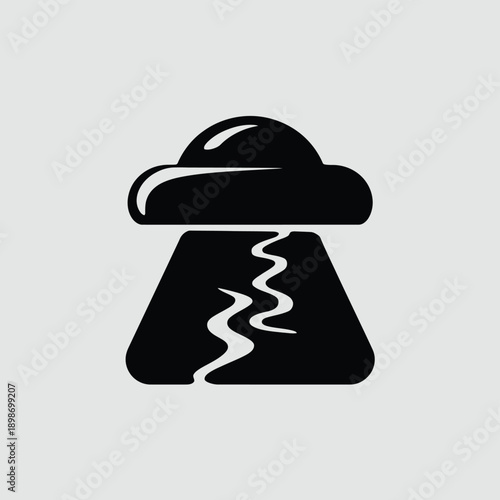 A black and white illustration of a flying saucer emitting a lightning bolt. isolated on white background, Vector, illustration