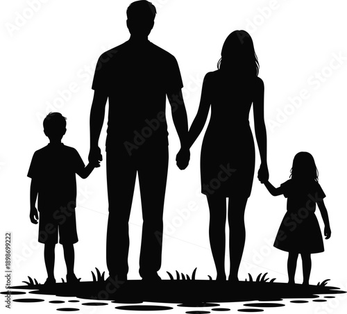 Family silhouette holding hands standing together on ground parents with son and daughter love unity protection isolated white background