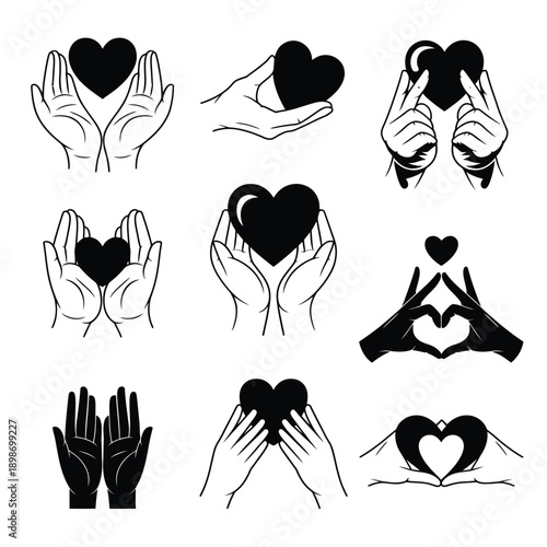 Various artistic representations of hearts held by hands in black and white isolated on white background, Vector, illustration