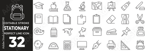 School and Stationery Line Icon Set with Book, Backpack, Pen, Notebook, Art Tools, Office Supplies, Education and Student Equipment Symbols Outline Vector Illustration