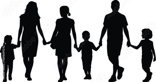 Family walking together holding hands in a park setting isolated on white background, Vector, illustration
