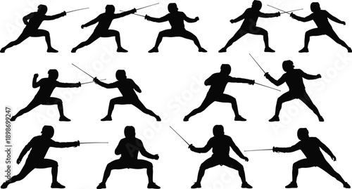 Fencing duel silhouette collection showing sword fighting sport action poses isolated on white background vector illustration set