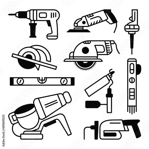 Assorted tools and equipment for various construction and diy projects isolated on white background, Vector, illustration