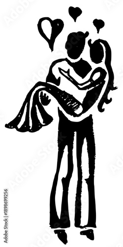 Man carrying woman in his arms with hearts vector art Romantic hand drawn sketch of a couple in love