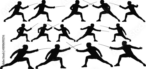 Fencing sport silhouette set showing sword fighting duel action poses isolated on white background vector illustration collection