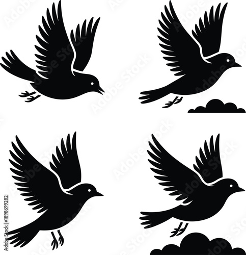 Flying bird silhouettes with clouds black avian shapes in different wing positions isolated on white illustration