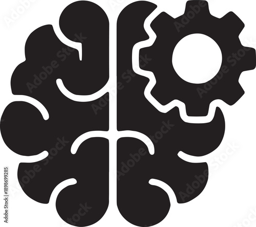 A detailed human brain partially merging with a mechanical gear, representing the seamless integration of biological cognition and industrial processing power, solid black vector