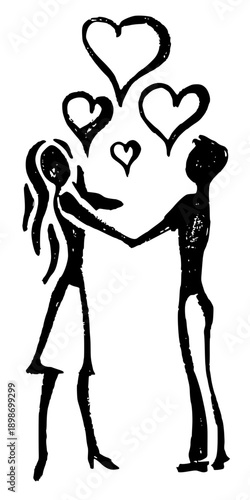 Couple in love with hearts hand drawn sketch vector Romantic man and woman holding hands pencil illustration