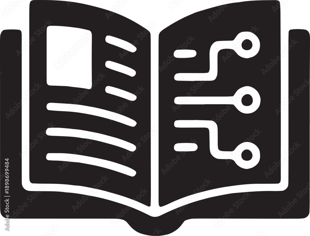 Fototapeta premium An open book with electronic circuit traces on the pages, symbolizing machine reading, natural language understanding, and digitizing human knowledge, solid vector style