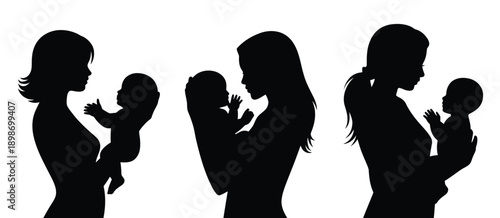 Silhouettes of mothers holding and caring for their babies in various poses isolated on white background, Vector, illustration