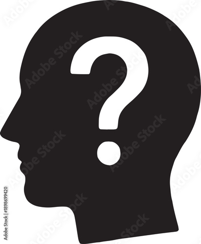 A side profile of a human head containing a large question mark, representing curiosity, the ability to ask questions, and the quest for understanding, simple black icon