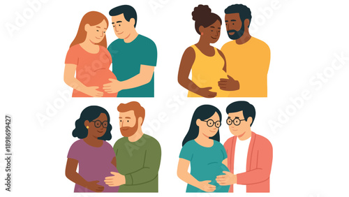 A diverse group of happy expectant couples in various poses and outfits