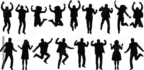 Jumping people silhouette collection, happy business team celebration, energetic success poses, black white vector illustration isolated background