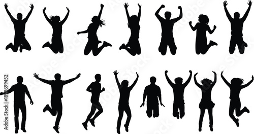Jumping people silhouettes celebrating success happiness and freedom isolated on white background group excitement lifestyle concept