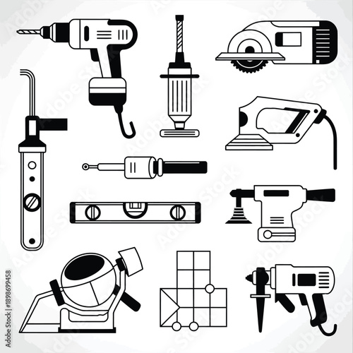 A comprehensive collection of various tools and equipment for construction and woodworking isolated on white background, Vector, illustration
