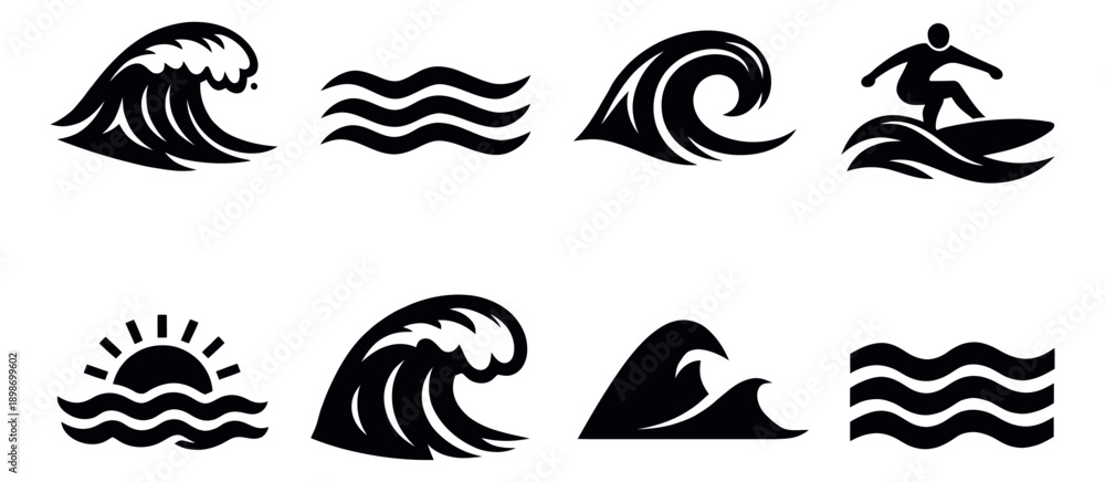 Fototapeta premium Modern wave icon set featuring various ocean waves, a surfer, and a sun for marine and surf designs