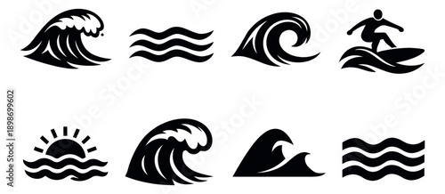 Modern wave icon set featuring various ocean waves, a surfer, and a sun for marine and surf designs