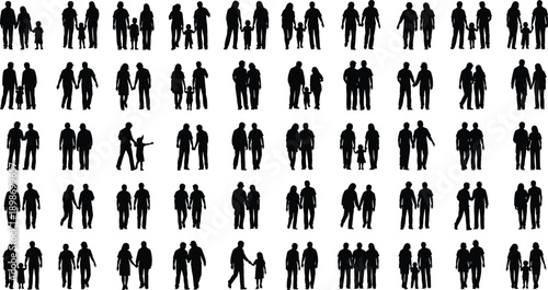 People silhouettes collection showing families couples parents children and walking groups isolated on white background social community illustration