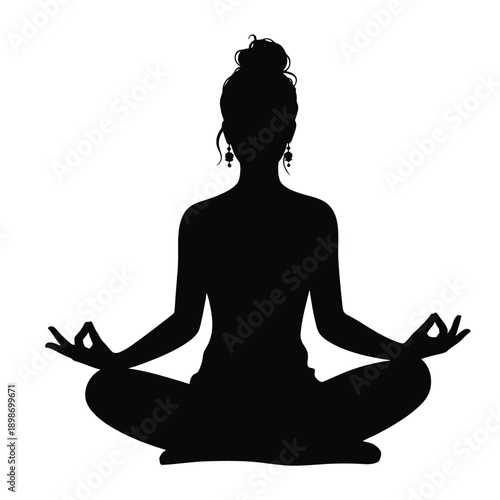 Silhouette of a person meditating in a cross-legged position with hands in prayer gesture isolated on white background, Vector, illustration