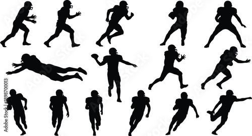American football player silhouettes collection showing running throwing tackling and action poses isolated on white background sports illustration