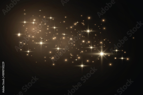 Glitter gold particles shine effect on png background. Vector gold glitter particles effect and texture. Stardust amber particles color on transparent background. Golden explosion of confetti.