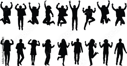 Celebrating people silhouettes, jumping happy men and women, success victory concept, teamwork celebration illustration isolated